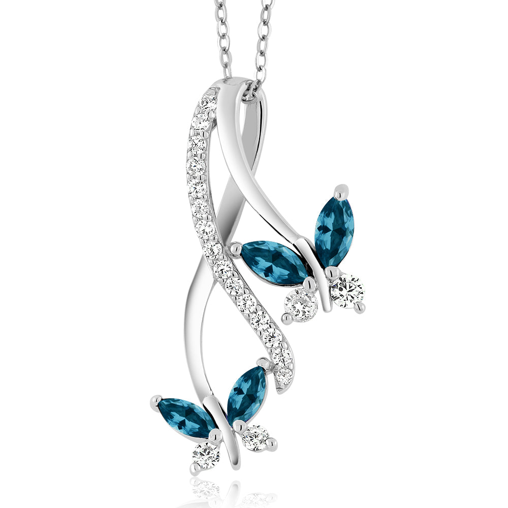 925 Sterling Silver London Blue Topaz Butterfly Pendant Necklace For Women (1.49 Cttw, Marquise Cut, Gemstone Birthstone, with 18 Inch Silver Chain)