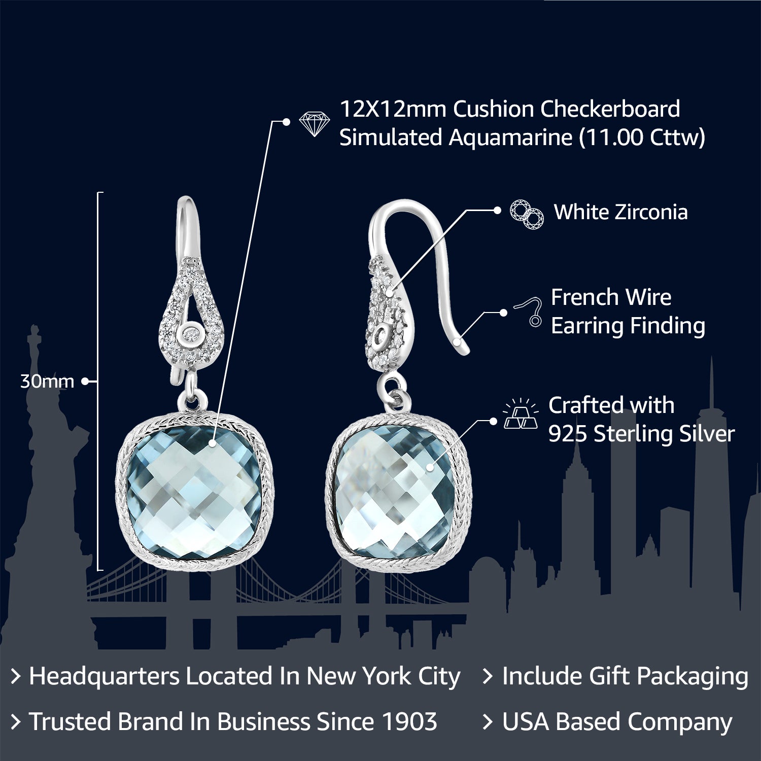 925 Sterling Silver Simulated Aquamarine Dangle Earrings For Women (11.00 Cttw, March Birthstone, Cushion Cut 30X12MM)