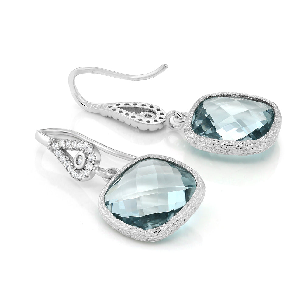 925 Sterling Silver Simulated Aquamarine Dangle Earrings For Women (11.00 Cttw, March Birthstone, Cushion Cut 30X12MM)