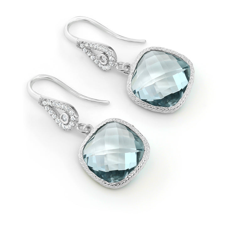 925 Sterling Silver Simulated Aquamarine Dangle Earrings For Women (11.00 Cttw, March Birthstone, Cushion Cut 30X12MM)