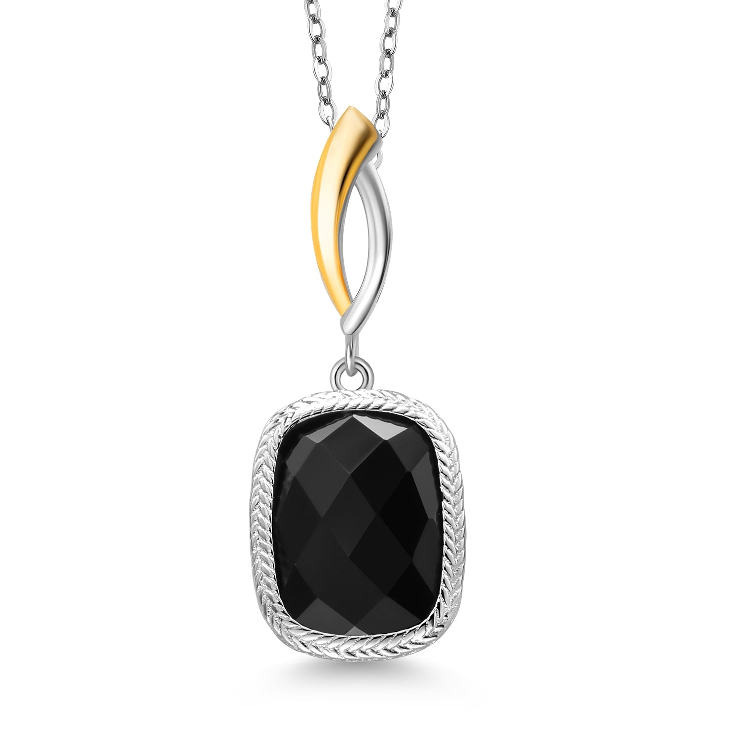 925 Sterling Silver and 10K Yellow Gold Black Onyx Pendant Necklace For Women (2.30 Cttw, Gemstone Birthstone, 13X9MM Cushion Checkerboard Cut, 18 Inch Chain)