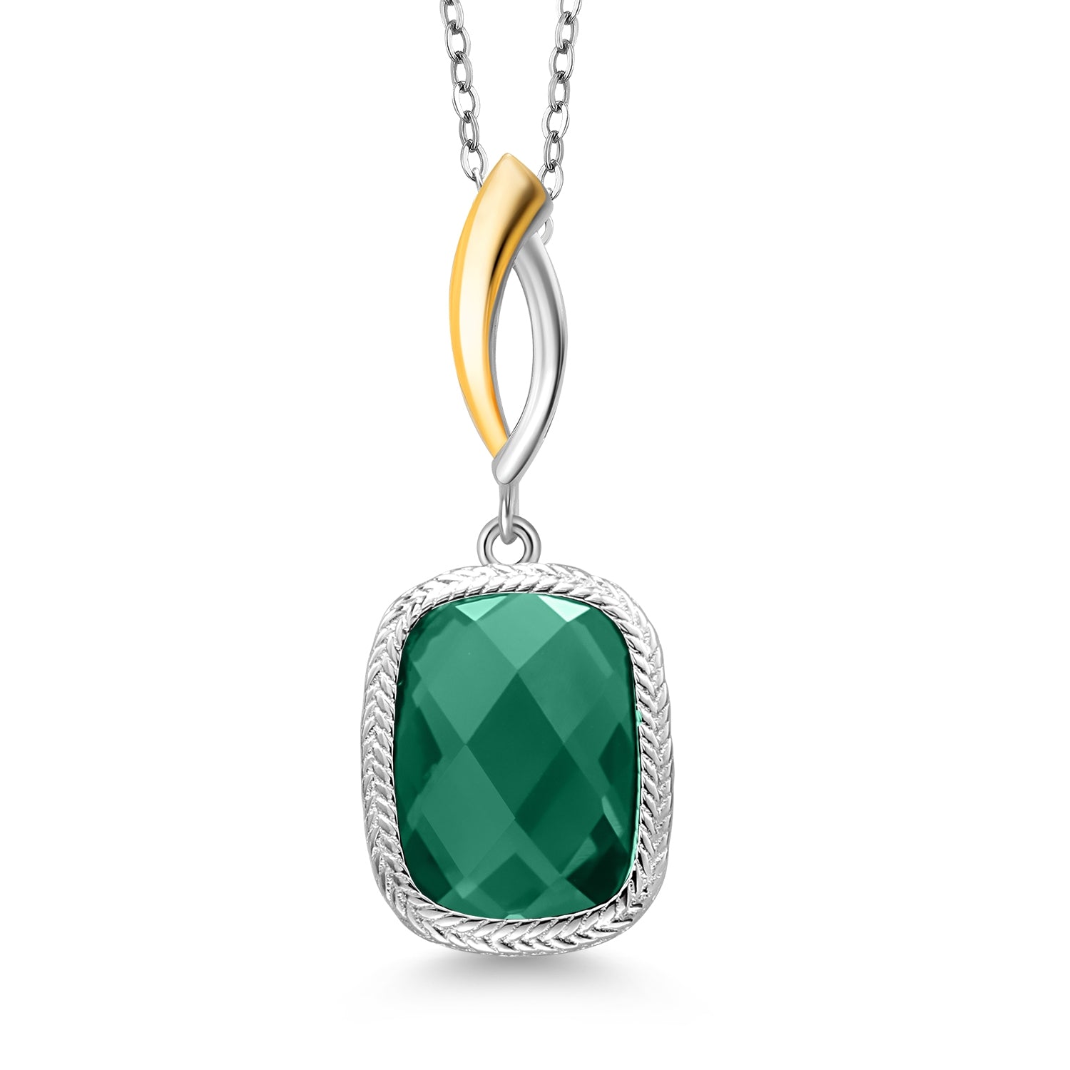 925 Sterling Silver and 10K Yellow Gold Green Nano Emerald Pendant Necklace For Women (2.30 Cttw, 13X9MM Cushion Checkerboard Cut, 18 Inch Chain)