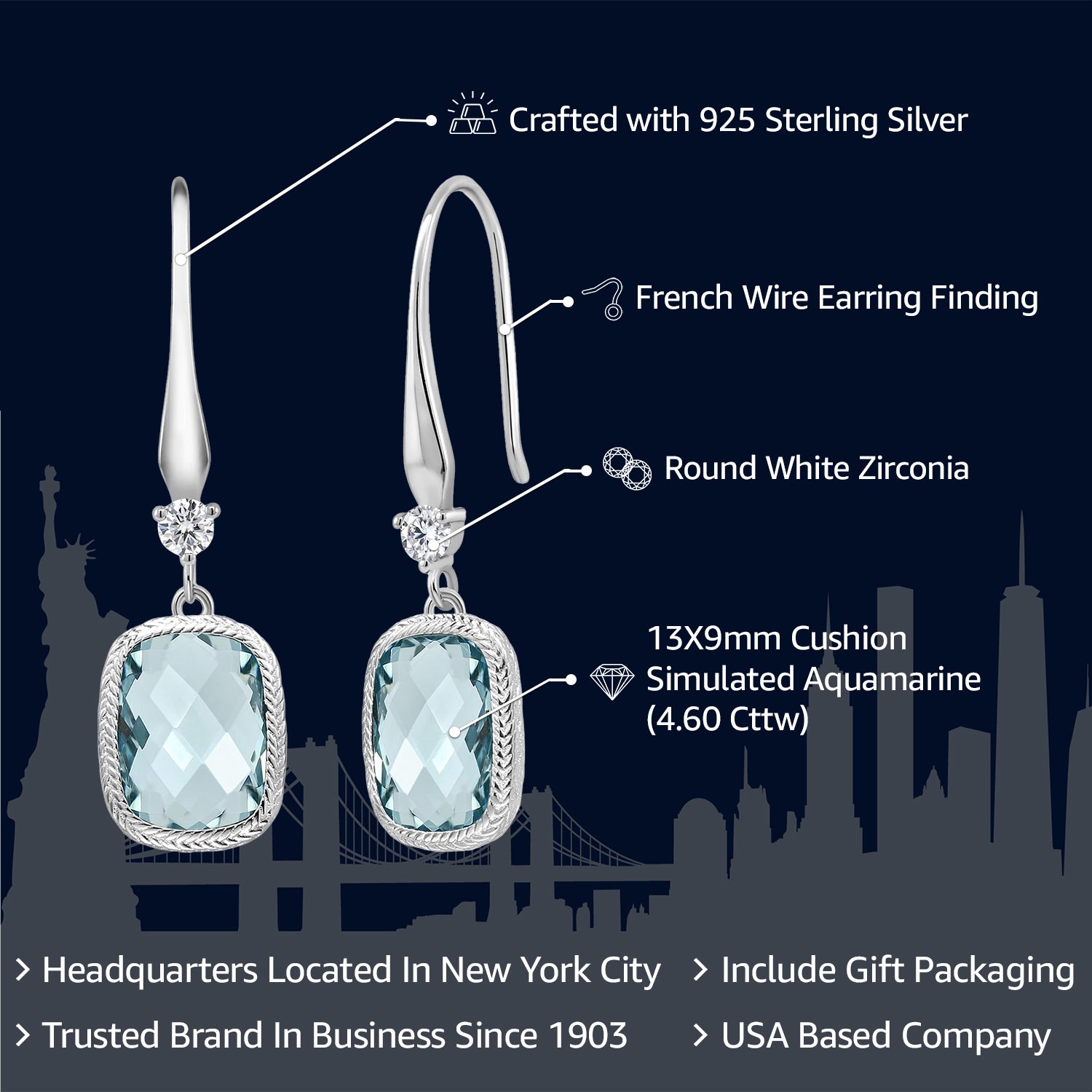 925 Sterling Silver Simulated Aquamarine Earrings | 4.60 Cttw | 13X9MM Cushion Checkerboard Cut | Drop Dangle Earrings for Women