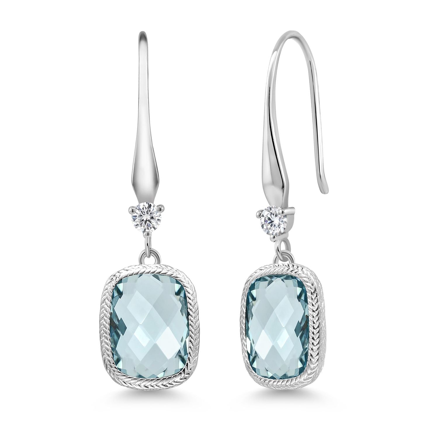 925 Sterling Silver Simulated Aquamarine Earrings | 4.60 Cttw | 13X9MM Cushion Checkerboard Cut | Drop Dangle Earrings for Women