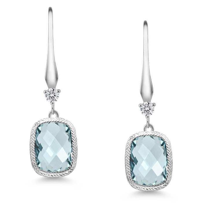 925 Sterling Silver Simulated Aquamarine Earrings | 4.60 Cttw | 13X9MM Cushion Checkerboard Cut | Drop Dangle Earrings for Women