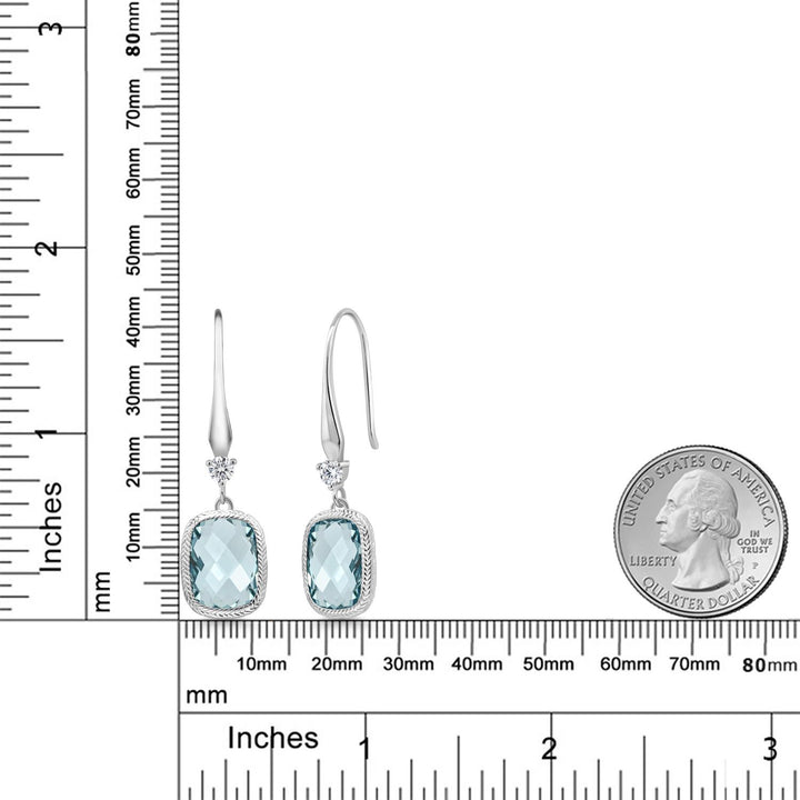 925 Sterling Silver Simulated Aquamarine Earrings | 4.60 Cttw | 13X9MM Cushion Checkerboard Cut | Drop Dangle Earrings for Women