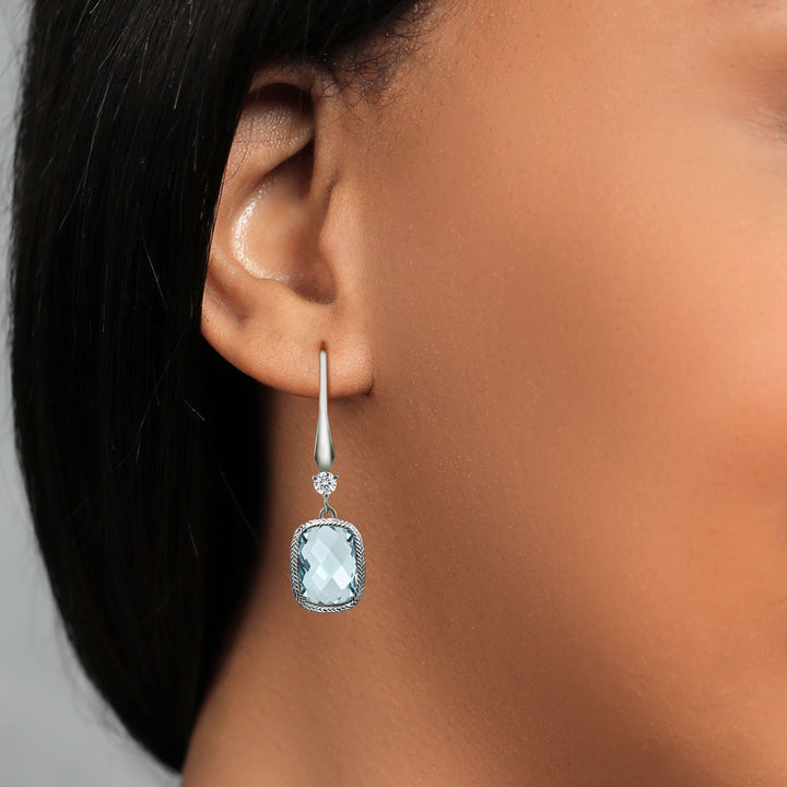 925 Sterling Silver Simulated Aquamarine Earrings | 4.60 Cttw | 13X9MM Cushion Checkerboard Cut | Drop Dangle Earrings for Women