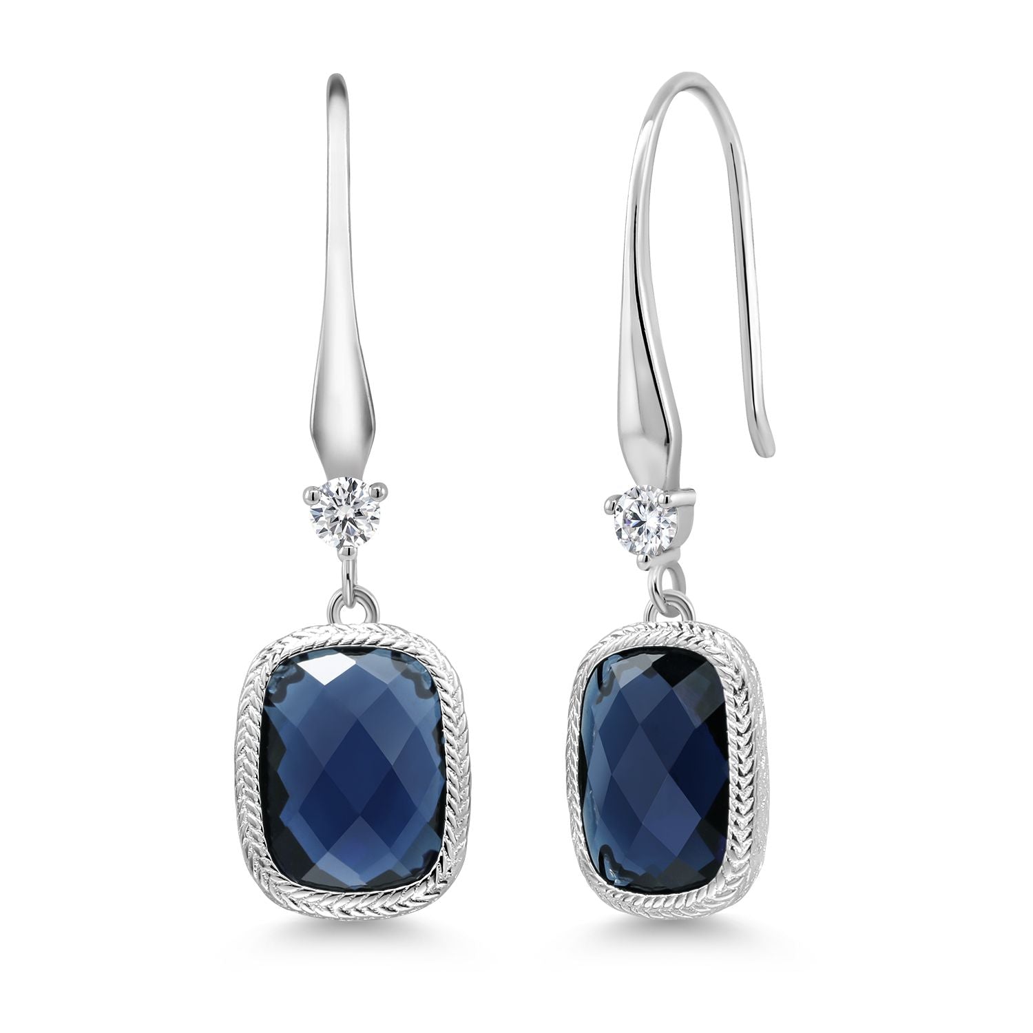 925 Sterling Silver Simulated Sapphire Dangle Drop Earrings For Women (4.60 Cttw, Cushion Checkerboard Cut, 14X10MM)