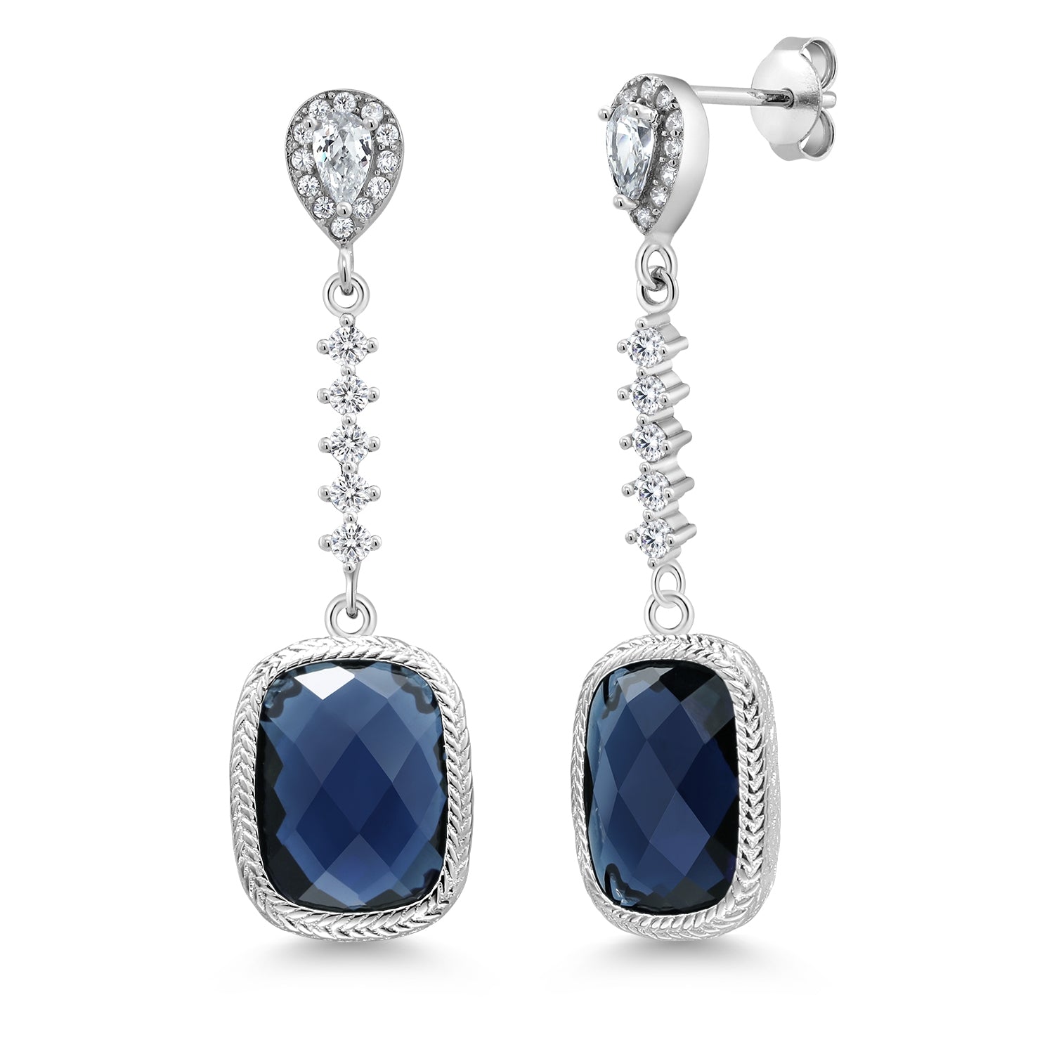 4.60 Cttw 925 Sterling Silver 13X9MM Cushion Checkerboard Cut Blue Simulated Sapphire Drop Dangle Earrings For Women