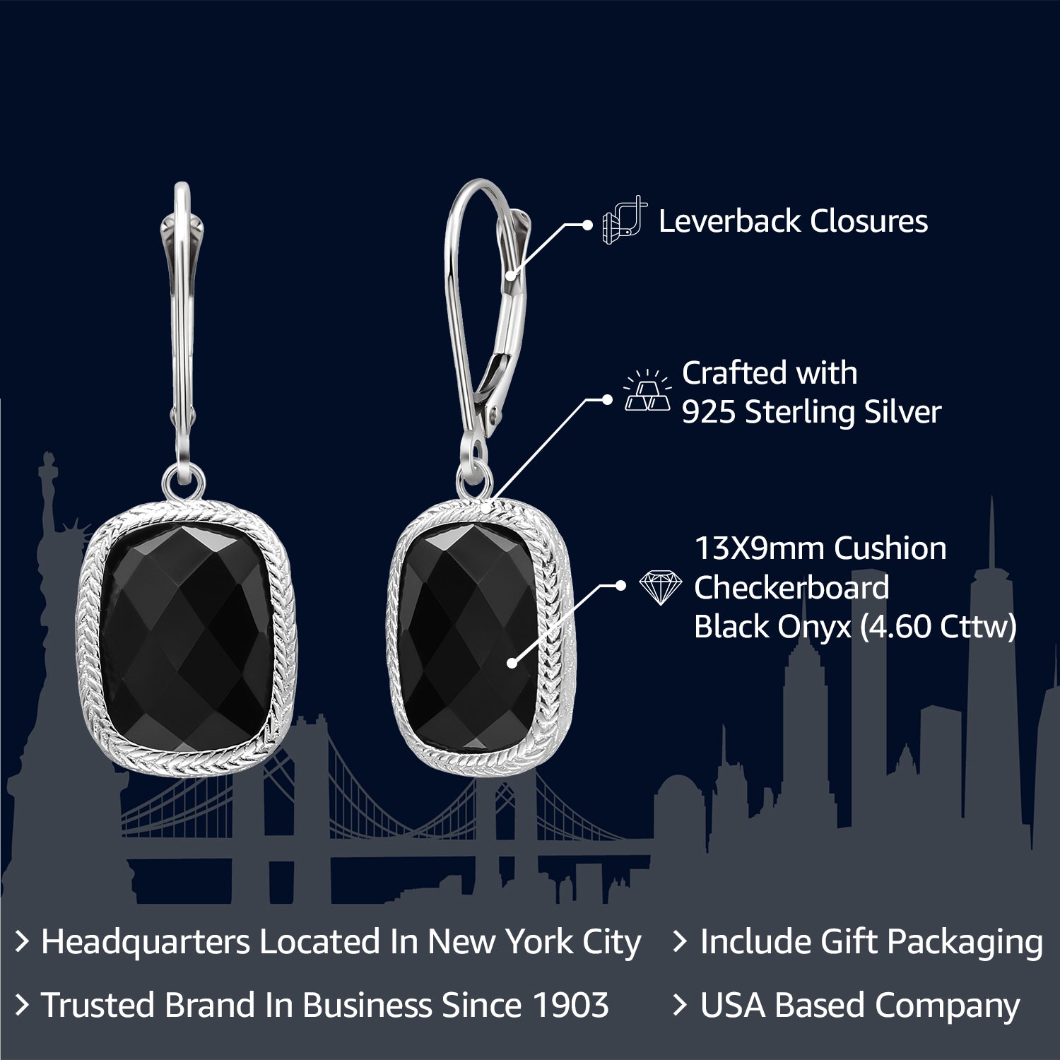 925 Sterling Silver Black Onyx Dangle Earrings For Women (4.60 Cttw, Gemstone Birthstone,  Cushion Checkerboard Cut 13X9MM)