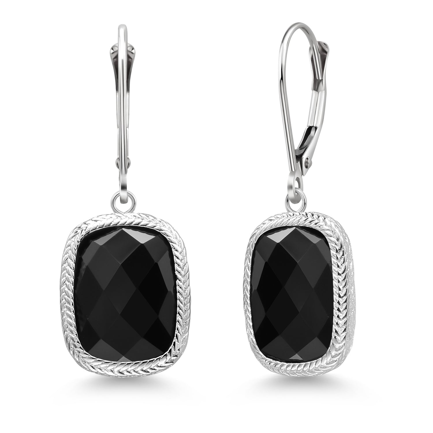 925 Sterling Silver Black Onyx Dangle Earrings For Women (4.60 Cttw, Gemstone Birthstone,  Cushion Checkerboard Cut 13X9MM)