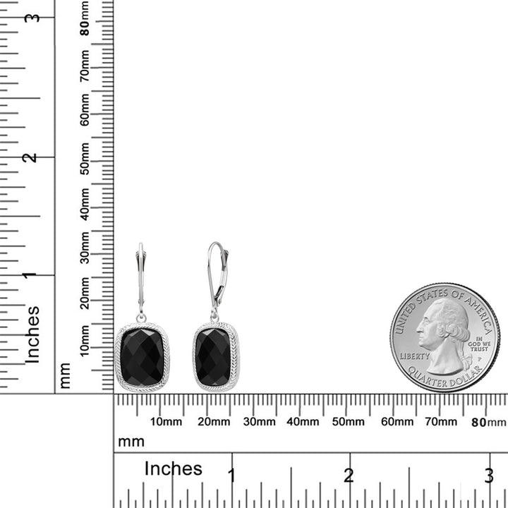 925 Sterling Silver Black Onyx Dangle Earrings For Women (4.60 Cttw, Gemstone Birthstone,  Cushion Checkerboard Cut 13X9MM)