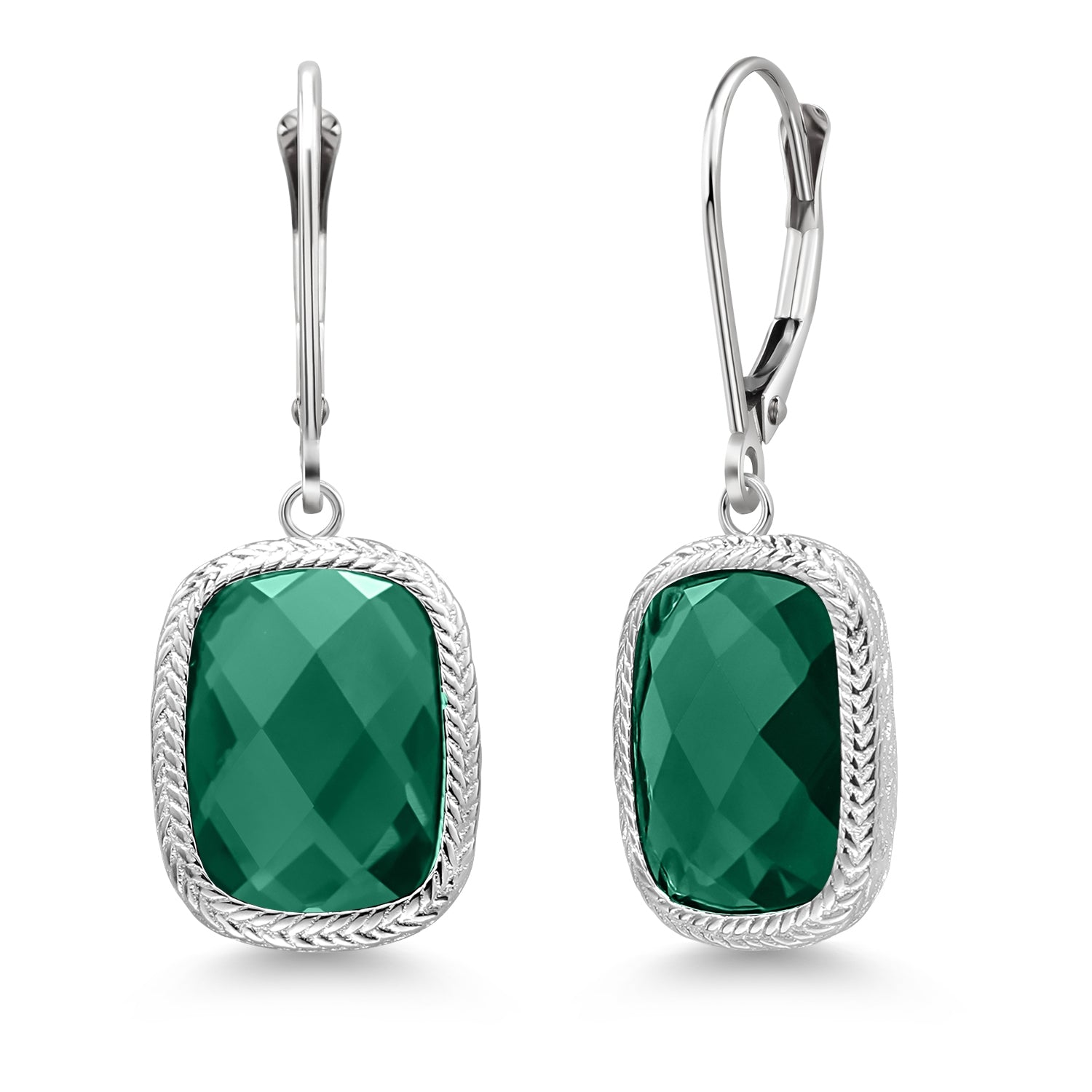 925 Sterling Silver Green Nano Emerald Dangle Earrings For Women (4.60 Cttw, 13X9MM Cushion Checkerboard Cut, Leverback)