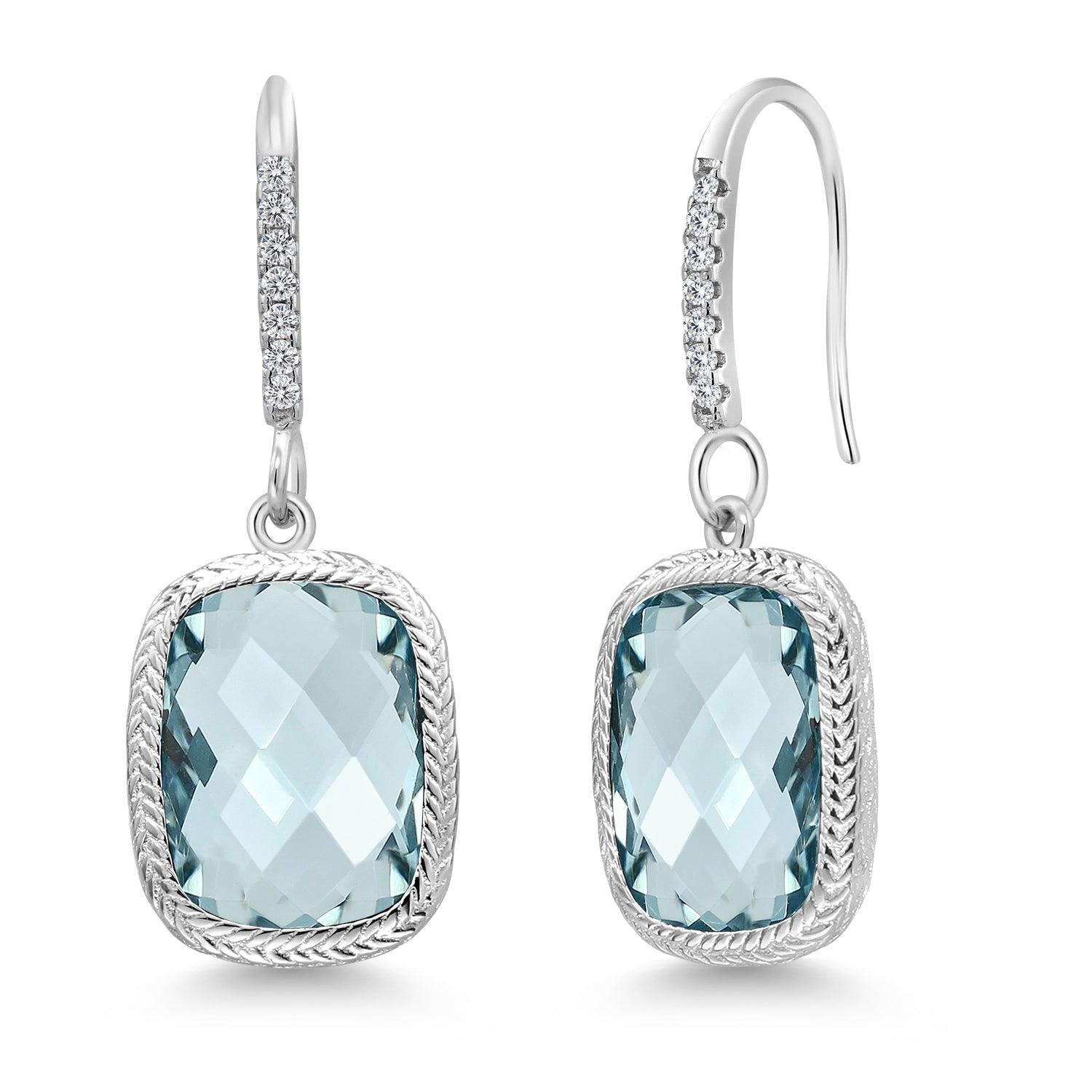 925 Sterling Silver Simulated Aquamarine Drop Dangle Earrings For Women (4.60 Cttw, Cushion Checkerboard Cut 13X9MM)