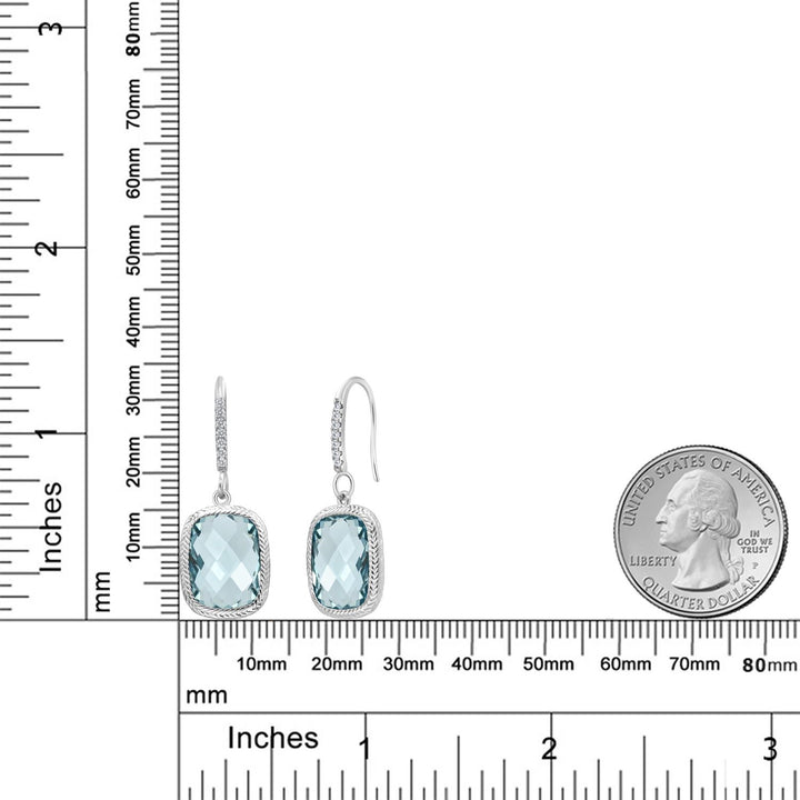 925 Sterling Silver Simulated Aquamarine Drop Dangle Earrings For Women (4.60 Cttw, Cushion Checkerboard Cut 13X9MM)