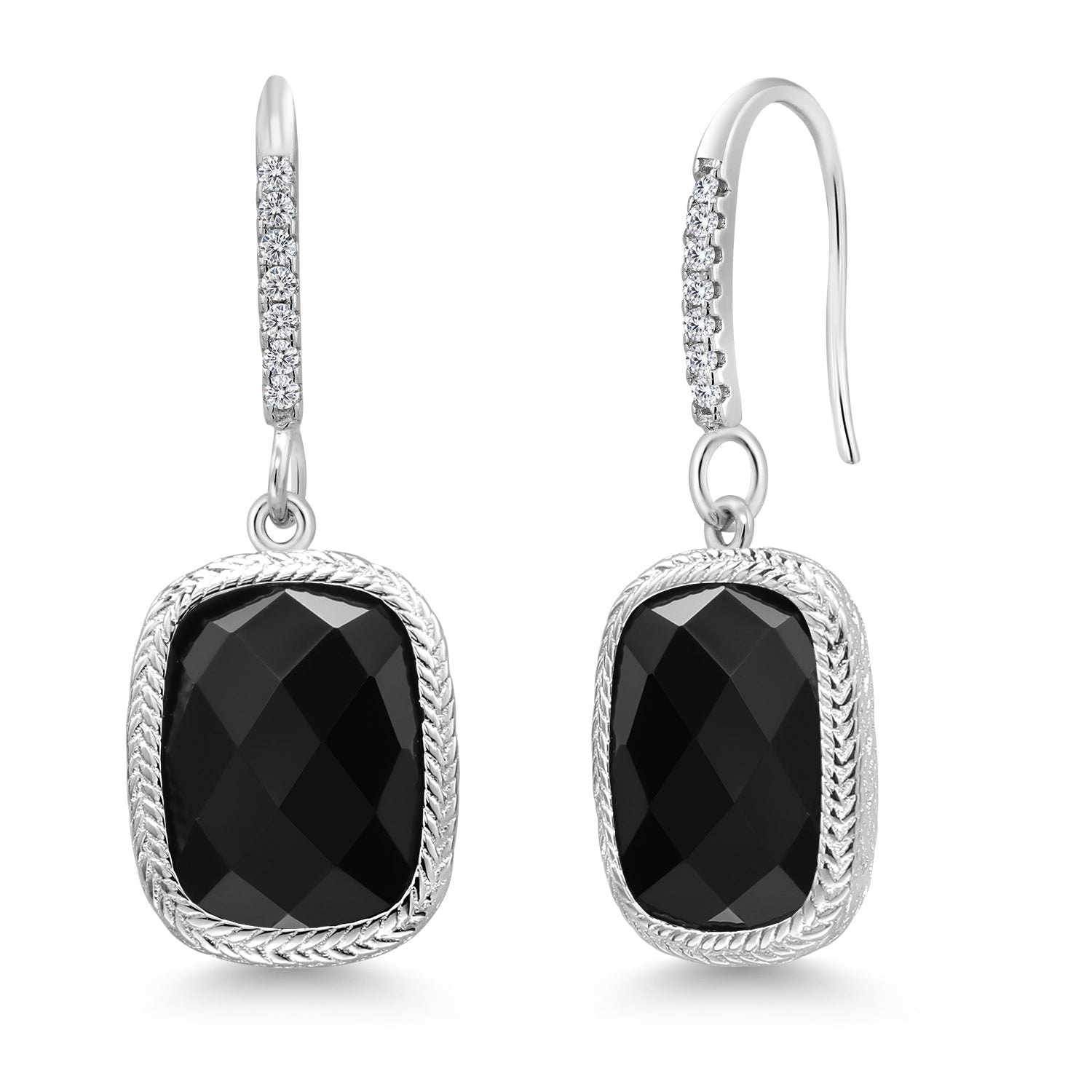 925 Sterling Silver Black Onyx Drop Dangle Earrings For Women (4.60 Cttw, Gemstone Birthstone, Cushion Checkerboard Cut 13X9MM)