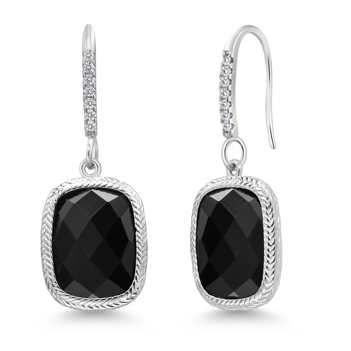 925 Sterling Silver Black Onyx Drop Dangle Earrings For Women (4.60 Cttw, Gemstone Birthstone, Cushion Checkerboard Cut 13X9MM)