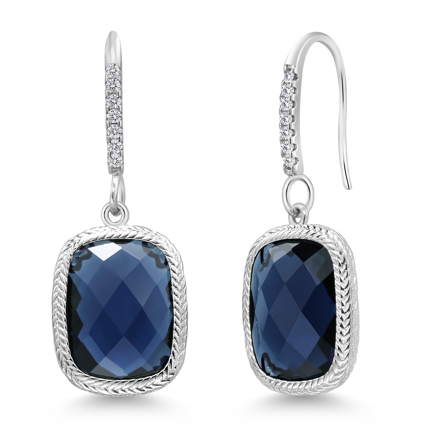 925 Sterling Silver Blue Simulated Sapphire and Zirconia Dangle Earrings For Women (4.60 Cttw, 13X9MM Cushion Checkerboard Cut, Earwire)