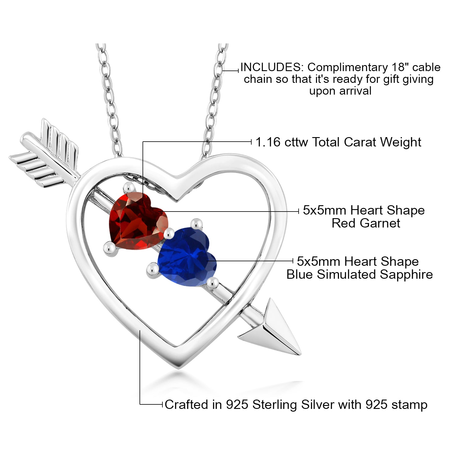 925 Sterling Silver Red Garnet and Blue Created Sapphire Heart and Arrow Pendant Necklace For Women (1.16 Cttw, with 18 Inch Silver Chain)