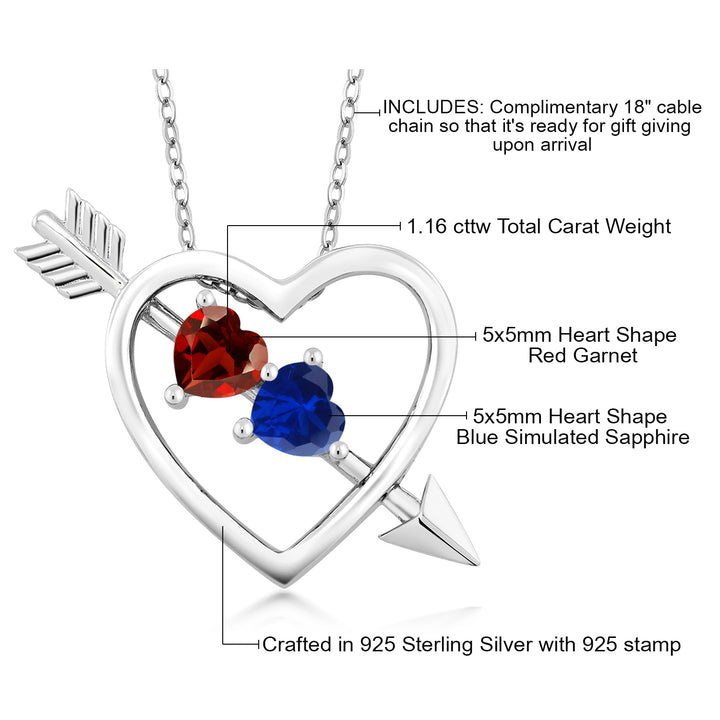 925 Sterling Silver Red Garnet and Blue Created Sapphire Heart and Arrow Pendant Necklace For Women (1.16 Cttw, with 18 Inch Silver Chain)