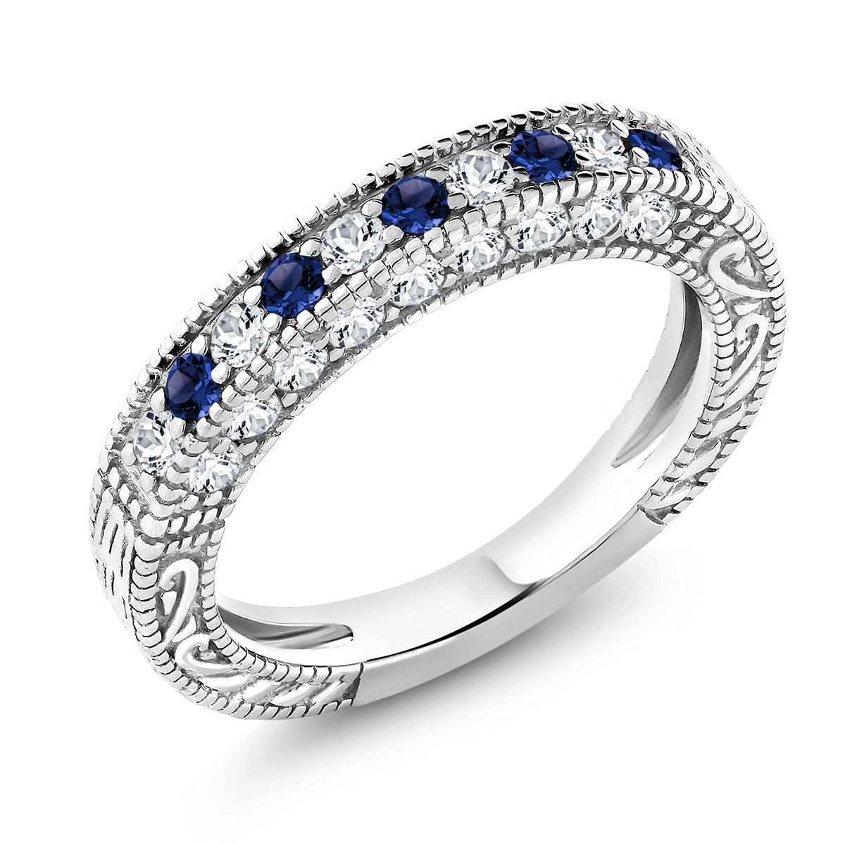 925 Sterling Silver Blue and White Created Sapphire Ring | Wedding Band Ring For Women | 1.00 Cttw | Available In Size 5, 6, 7, 8, 9