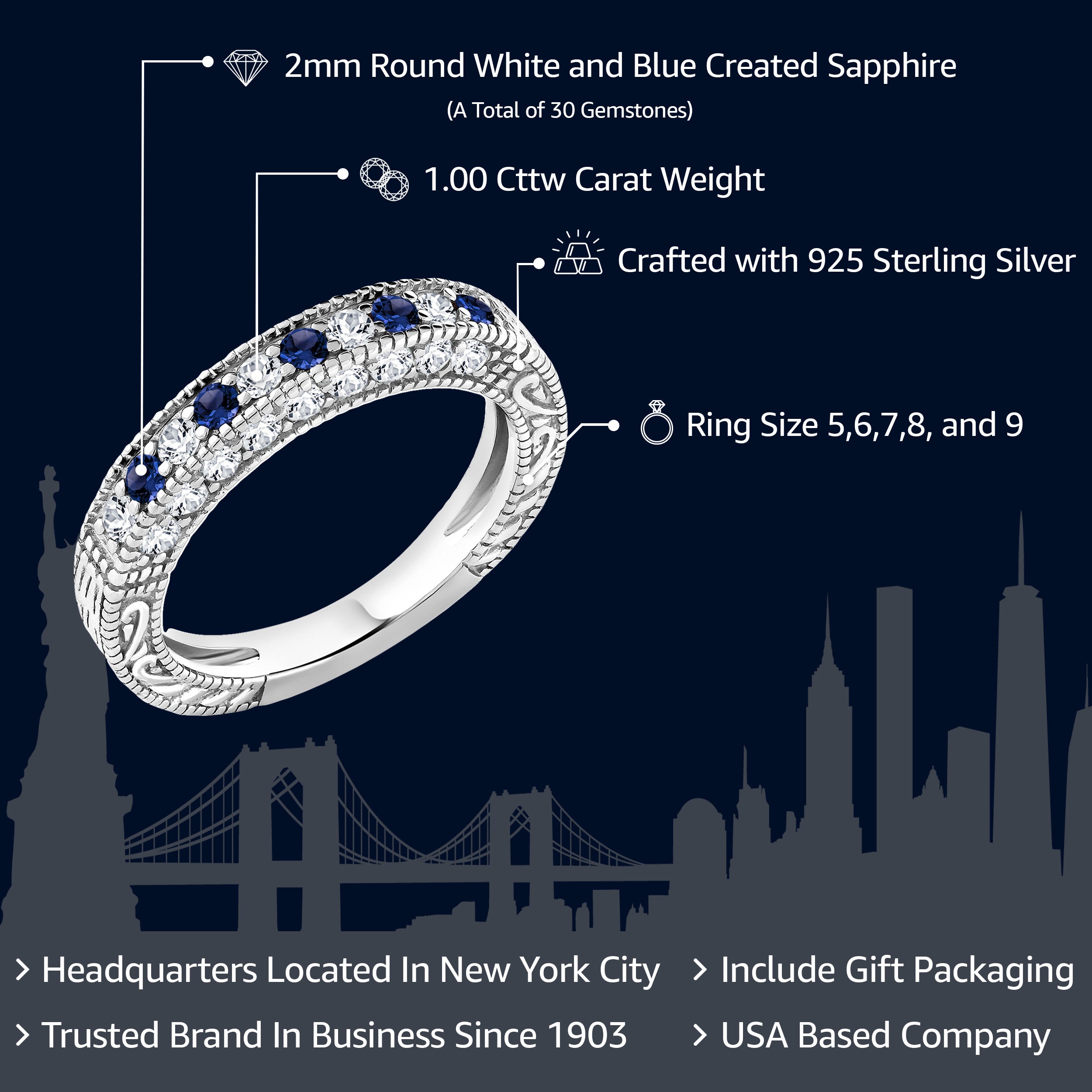 925 Sterling Silver Blue and White Created Sapphire Ring | Wedding Band Ring For Women | 1.00 Cttw | Available In Size 5, 6, 7, 8, 9