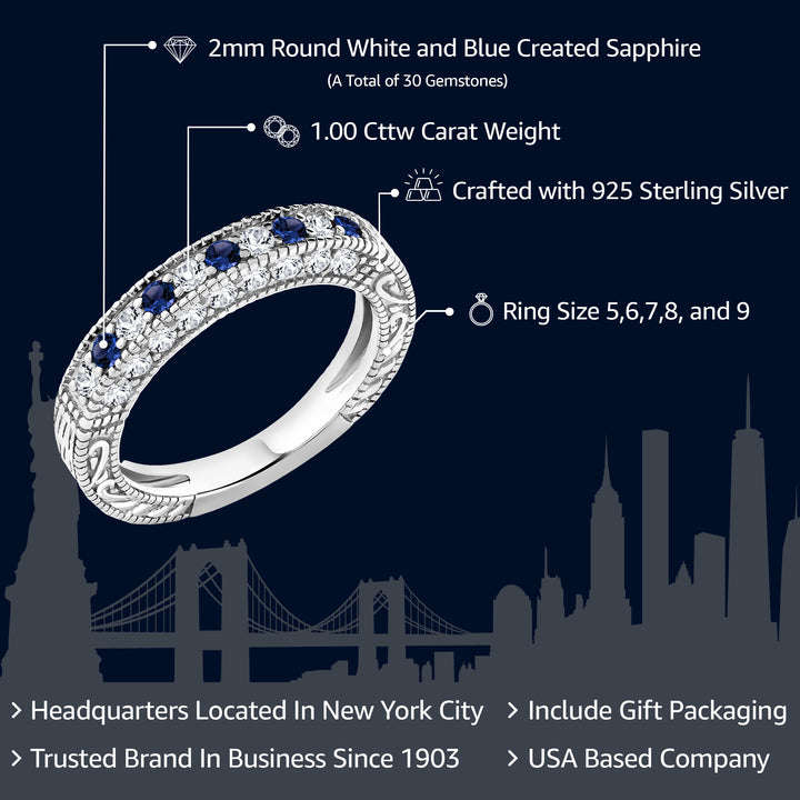 925 Sterling Silver Blue and White Created Sapphire Ring | Wedding Band Ring For Women | 1.00 Cttw | Available In Size 5, 6, 7, 8, 9