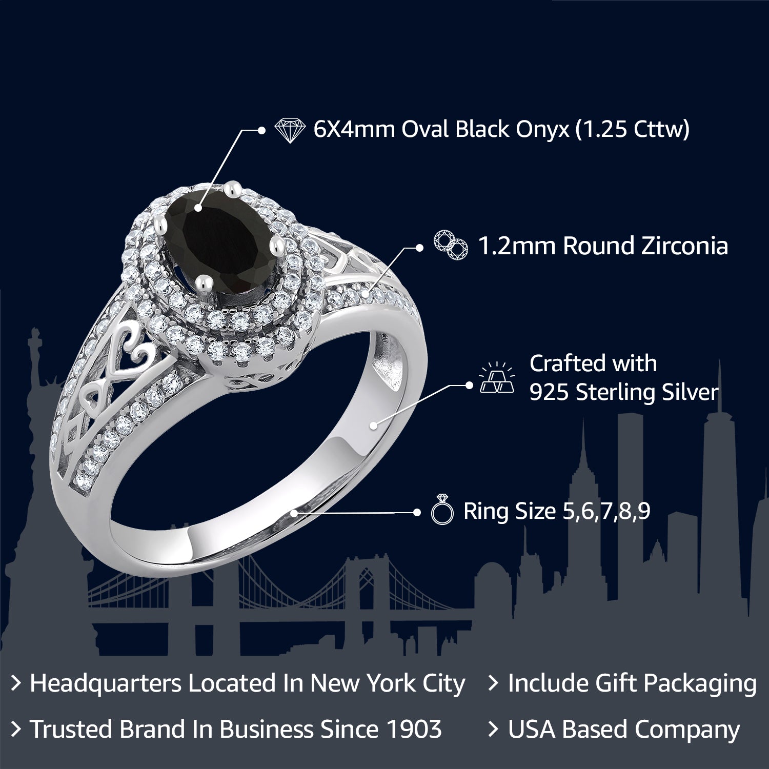 925 Sterling Silver Black Onyx Engagement Ring For Women (1.25 Cttw, Gemstone Birthstone, Available In Size 5, 6, 7, 8, 9)