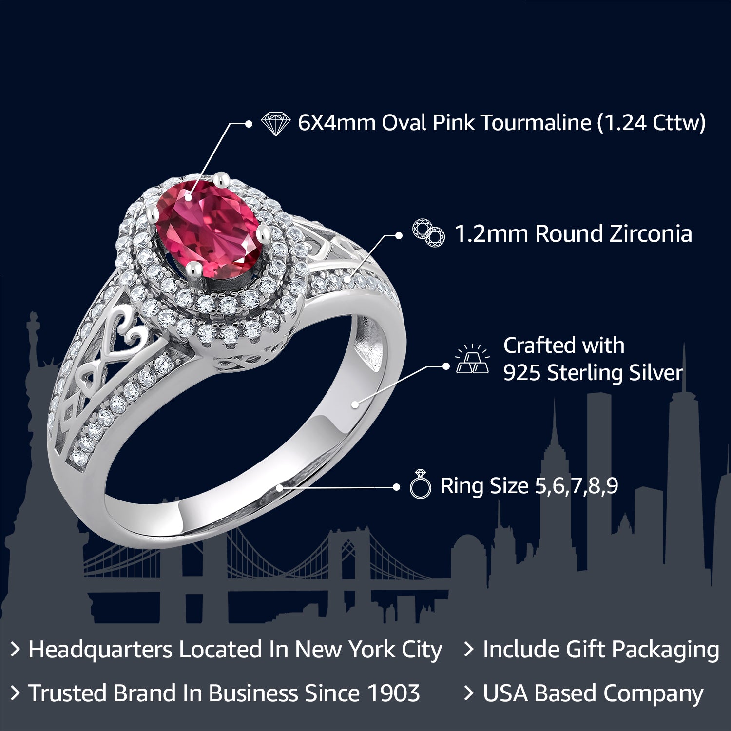 1.24 Cttw Pink Tourmaline Engagement Ring For Women In 925 Sterling Silver | Oval 6X4MM | Available In Size 5,6,7,8,9