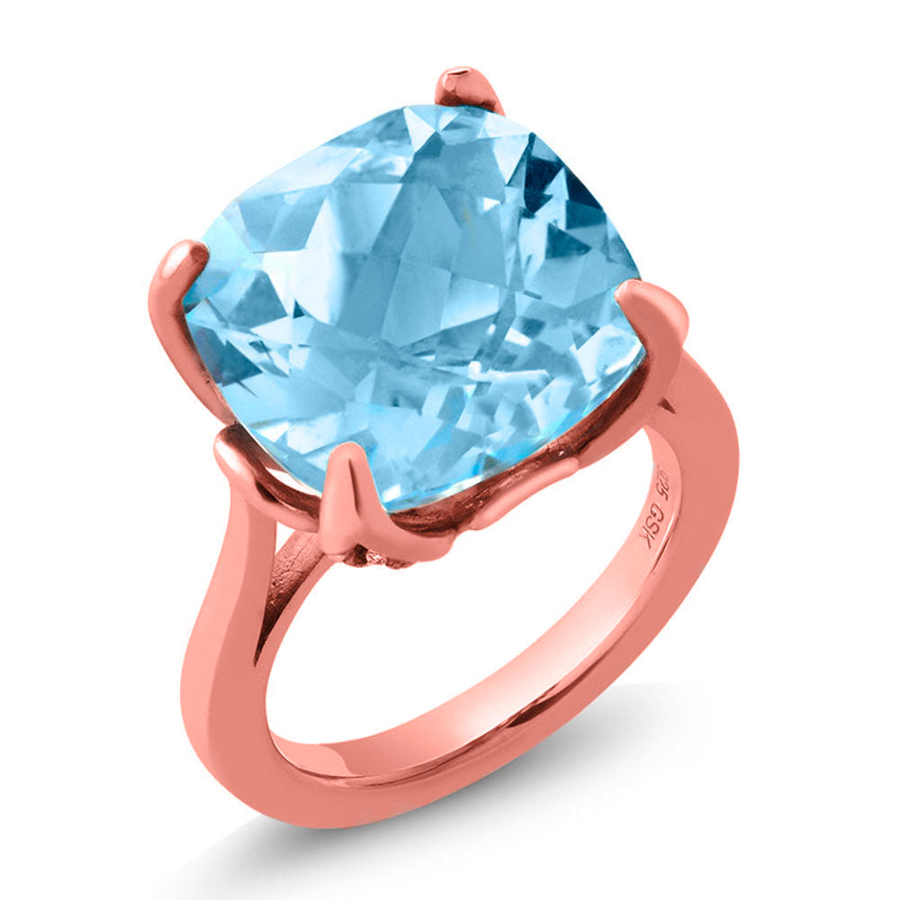 18K Rose Gold Plated Silver Sky Blue Topaz Engagement Ring For Women (9.18 Cttw, 14MM Cushion Checkerboard, Available in Size 5,6,7,8,9)