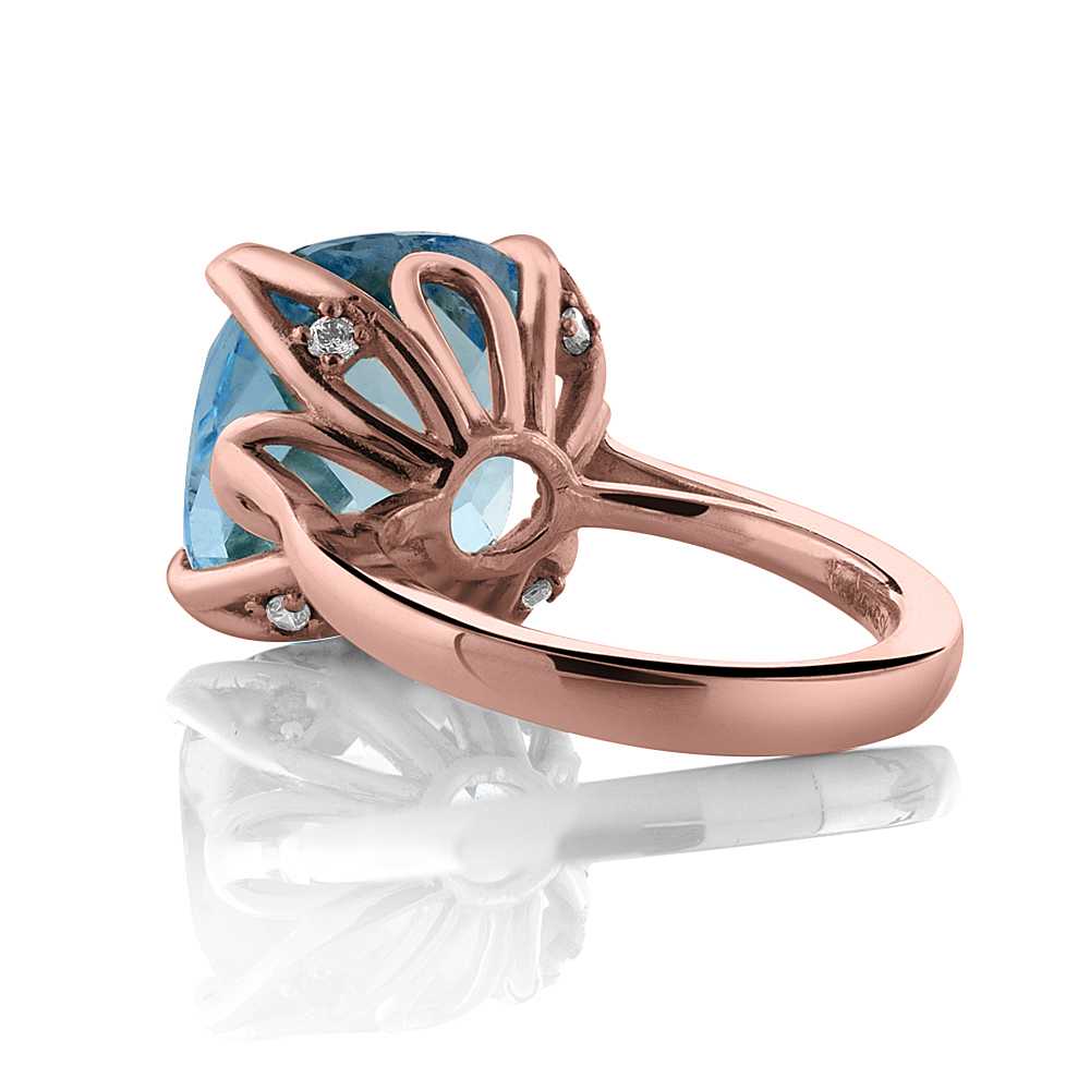 18K Rose Gold Plated Silver Sky Blue Topaz Engagement Ring For Women (9.18 Cttw, 14MM Cushion Checkerboard, Available in Size 5,6,7,8,9)