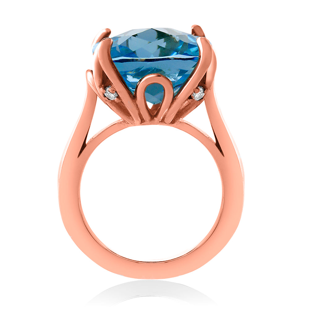 18K Rose Gold Plated Silver Sky Blue Topaz Engagement Ring For Women (9.18 Cttw, 14MM Cushion Checkerboard, Available in Size 5,6,7,8,9)