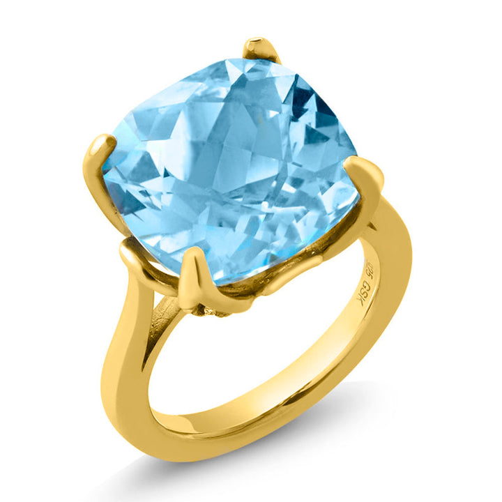 18K Yellow Gold Plated Silver Sky Blue Topaz Engagement Ring For Women (9.18 Cttw, 14MM Cushion Checkerboard, Available in Size 5,6,7,8,9)
