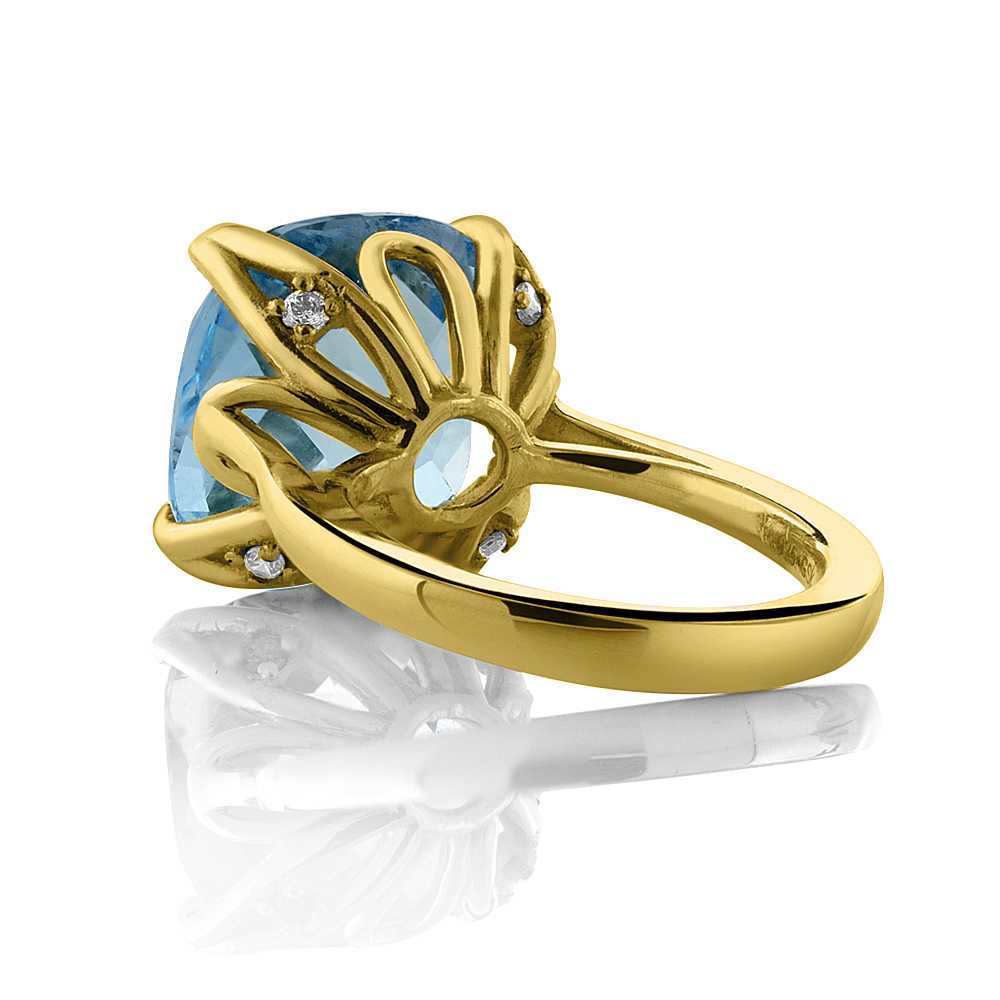 18K Yellow Gold Plated Silver Sky Blue Topaz Engagement Ring For Women (9.18 Cttw, 14MM Cushion Checkerboard, Available in Size 5,6,7,8,9)