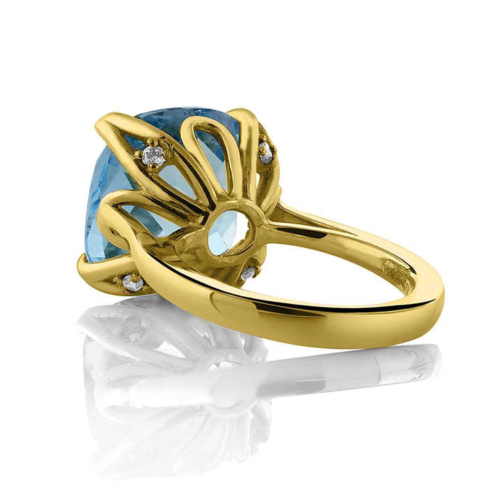 18K Yellow Gold Plated Silver Sky Blue Topaz Engagement Ring For Women (9.18 Cttw, 14MM Cushion Checkerboard, Available in Size 5,6,7,8,9)