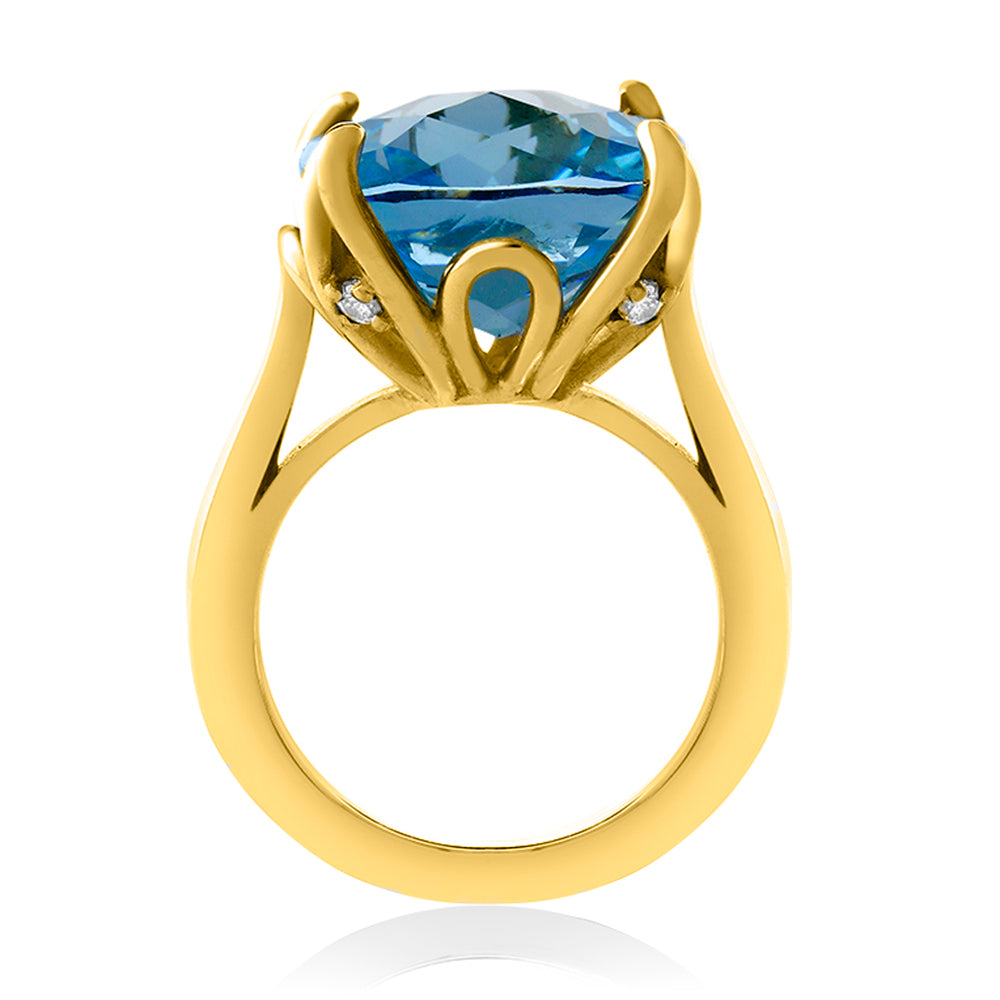 18K Yellow Gold Plated Silver Sky Blue Topaz Engagement Ring For Women (9.18 Cttw, 14MM Cushion Checkerboard, Available in Size 5,6,7,8,9)