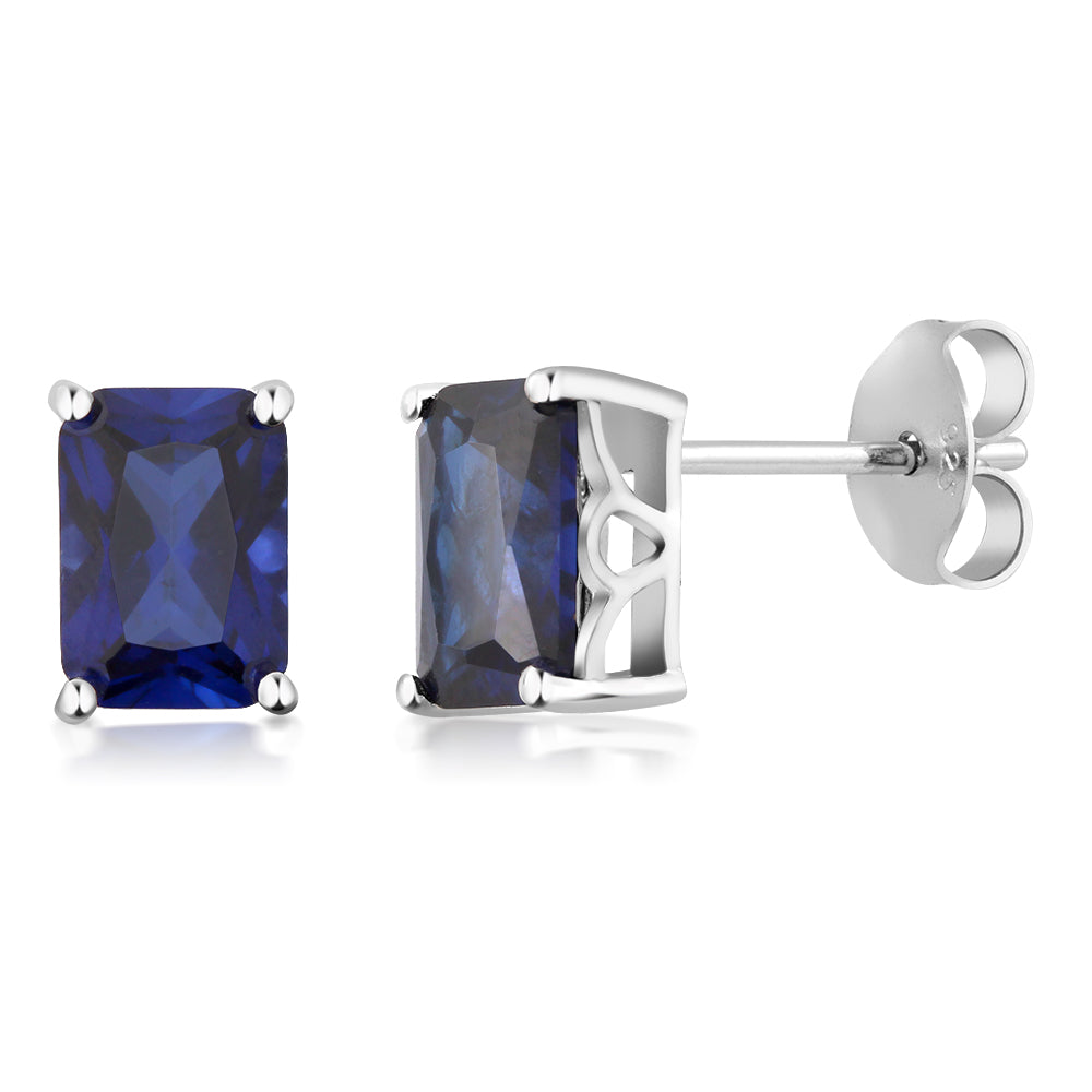 925 Sterling Silver Simulated Blue Sapphire Bridal Stud Earrings For Women Men (2.00 Cttw, 7X5MM Emerald Cut)