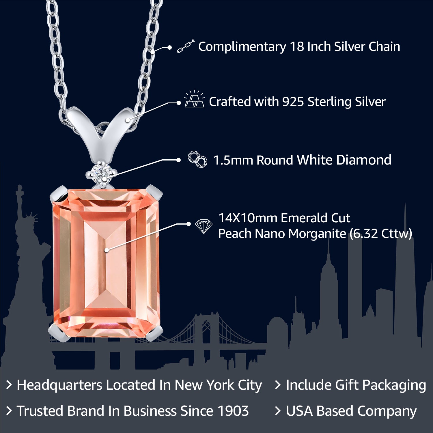 925 Sterling Silver Peach Nano Morganite and White Diamond Pendant Necklace For Women (6.32 Cttw, Emerald Cut with 18 Inch Silver Chain)