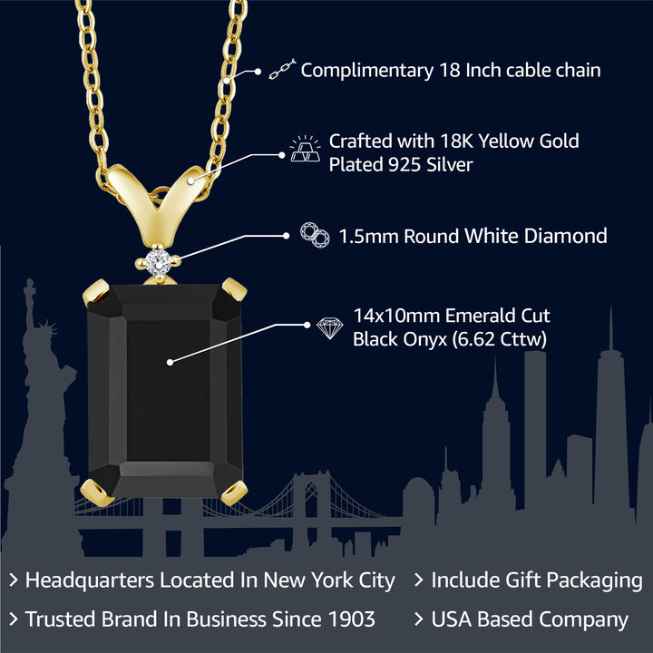 6.62 Cttw Black Onyx and White Diamond Jewelry Pendant Necklace For Women Set In 18K Yellow Gold Plated Silver | Gemstone Birthstone | 14X10MM Emerald Cut | With 18 Inch Chain