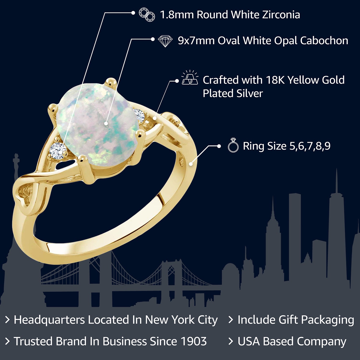 18K Yellow Gold Plated Silver Cabochon White Simulated Opal Ring For Women | 0.69 Cttw | Oval 9X7MM | Available In Size 5, 6, 7, 8, 9