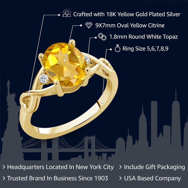 18K Yellow Gold Plated Silver Yellow Citrine and White Topaz Engagement Ring For Women | 1.55 Cttw | Oval 9X7MM | Gemstone Birthstone | Ring Size 5-9