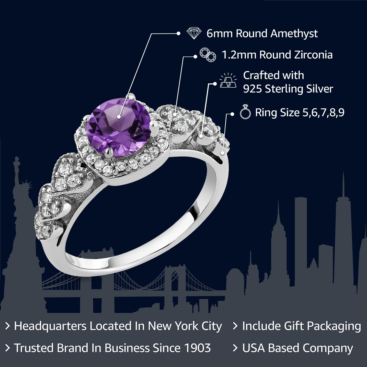 925 Sterling Silver Purple Amethyst Gemstone Birthstone Engagement Ring For Women (1.02 Cttw, Round 6MM, Gemstone Birthstone, Available In Size 5, 6, 7, 8, 9)