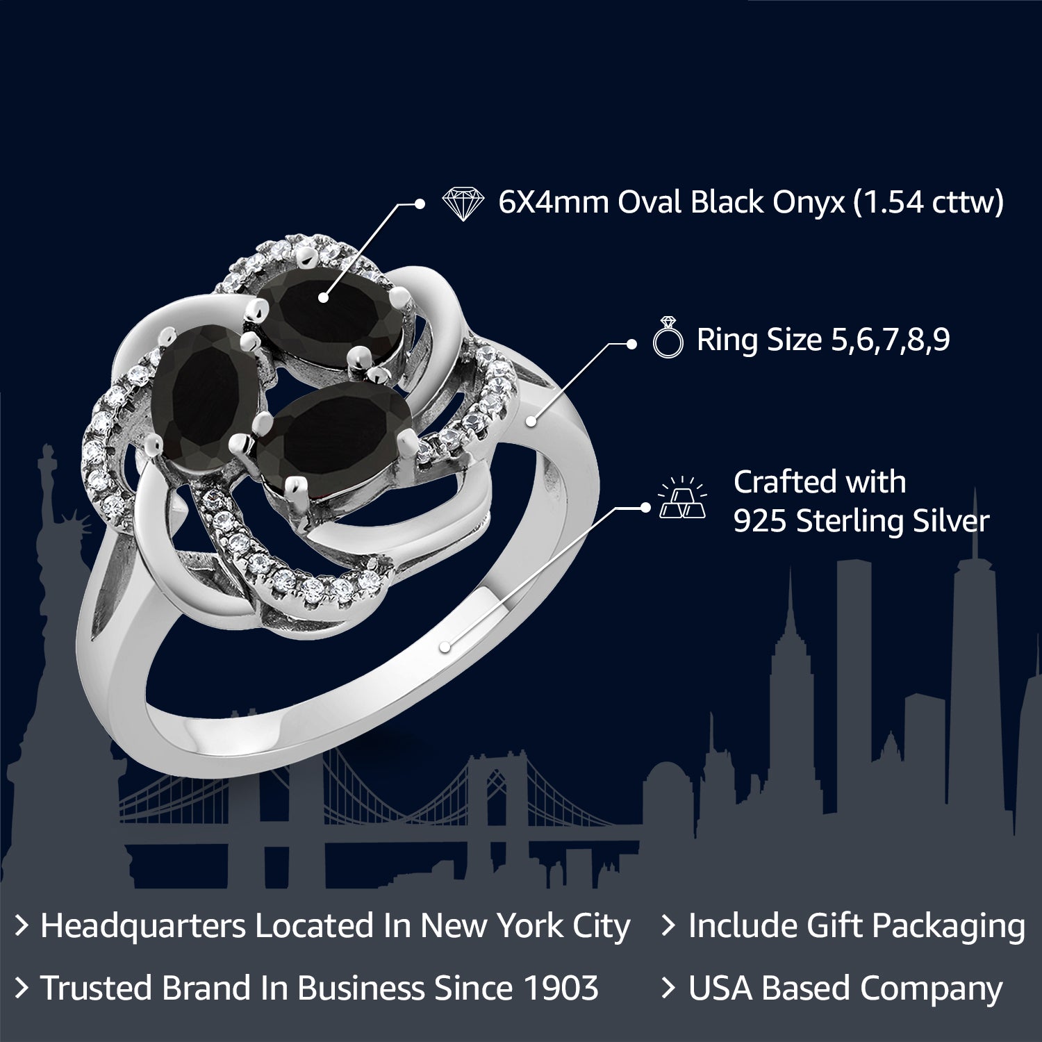 925 Sterling Silver Black Onyx Ring For Women (1.54 Cttw, Oval 6X4MM, Gemstone December Birthstone, Available In Size 5, 6, 7, 8, 9)