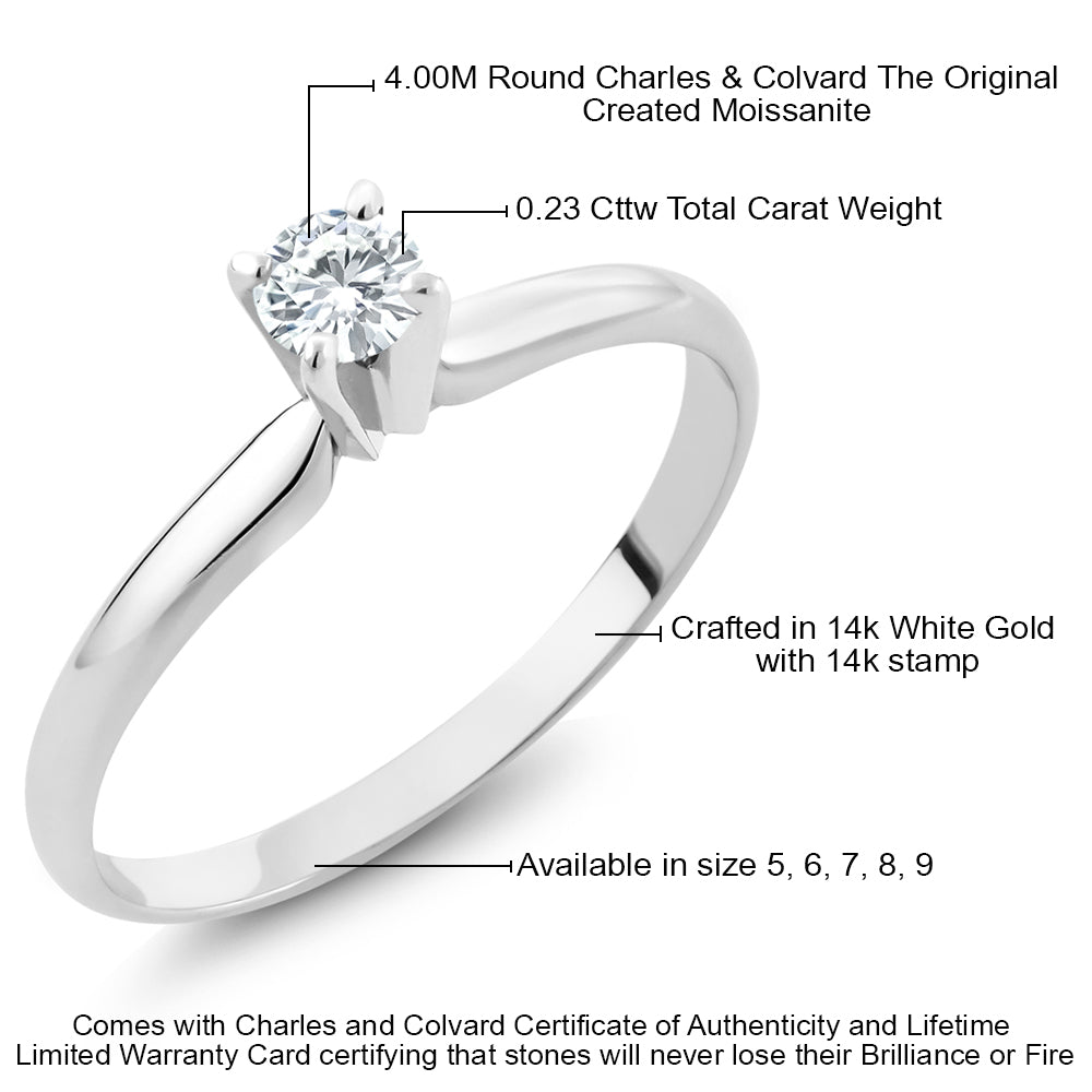 14K White Gold Moissanite Ring | Round 4MM Forever Classic Solitaire Engagement Ring For Women | 0.23 Cttw | Available in size 5, 6, 7, 8, 9