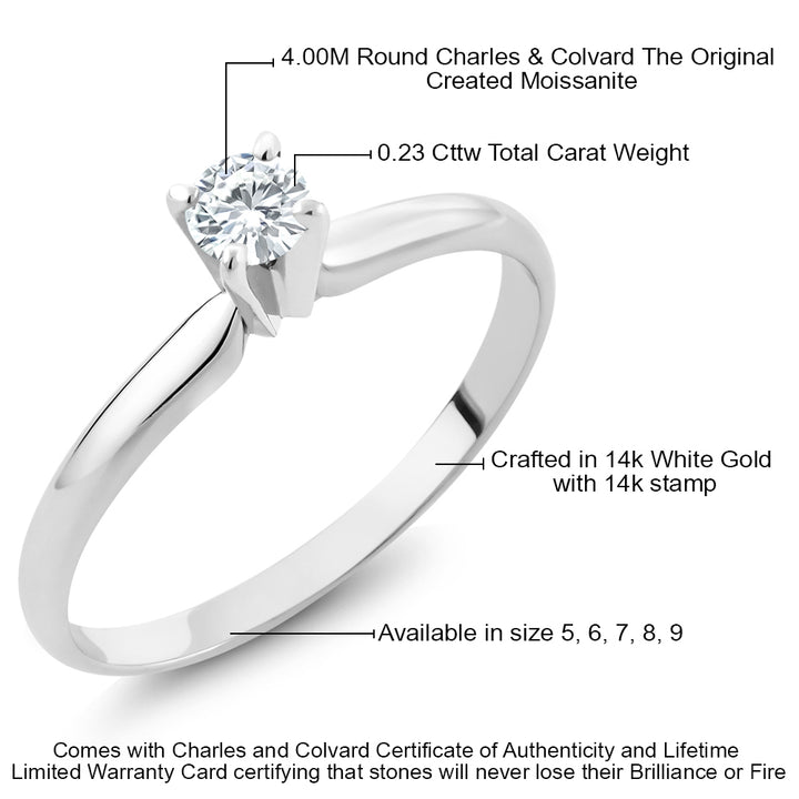 14K White Gold Moissanite Ring | Round 4MM Forever Classic Solitaire Engagement Ring For Women | 0.23 Cttw | Available in size 5, 6, 7, 8, 9