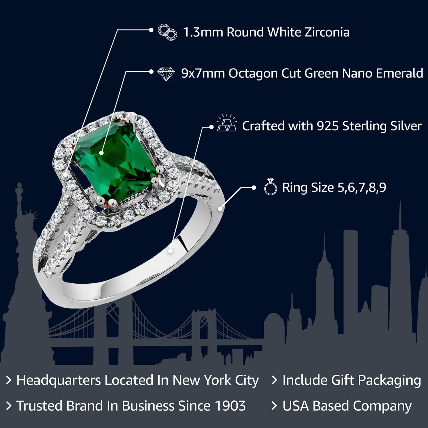 2.78 Cttw 925 Sterling Silver Green Simulated Emerald Engagement Ring | Emerald Cut 9X7MM | Wedding Anniversary Promise Ring For Women | Size 5,6,7,8,9