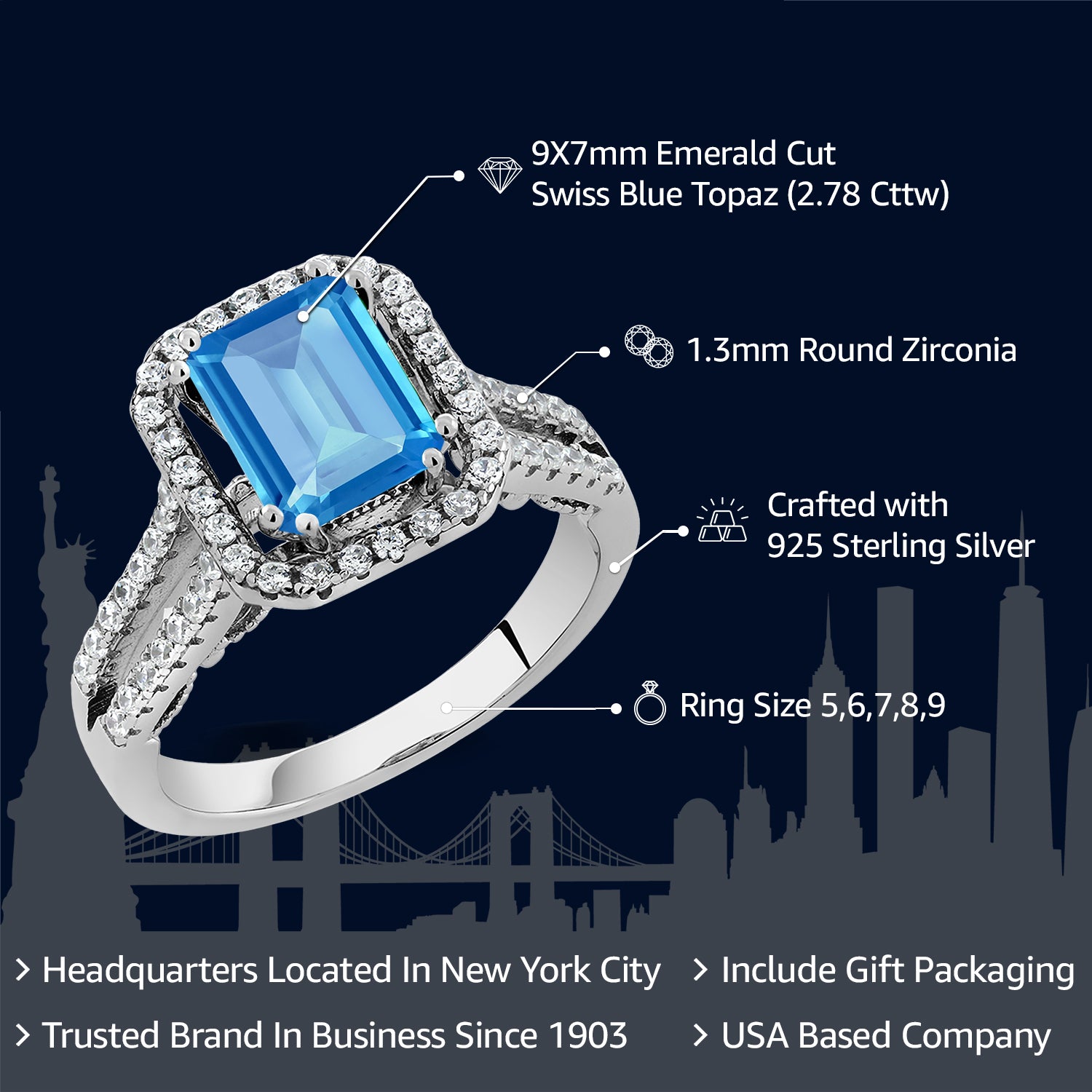 2.78 Cttw 925 Sterling Silver Swiss Blue Topaz Engagement Ring For Women | Gemstone Birthstone | Emerald Cut 9X7MM | Available In Size 5,6,7,8,9