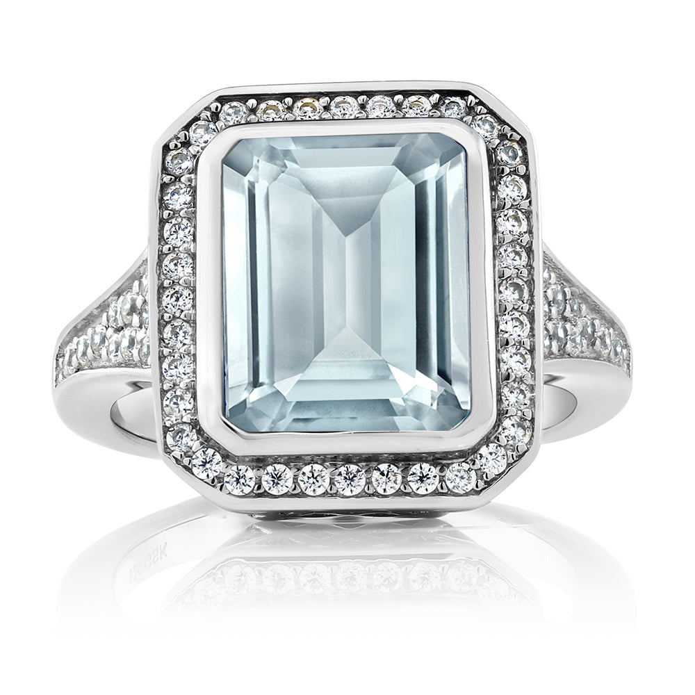 925 Sterling Silver Simulated Aquamarine Ring For Women | 5.00 Cttw | Emerald Cut 11X9MM | Available In Size 5, 6, 7, 8, 9