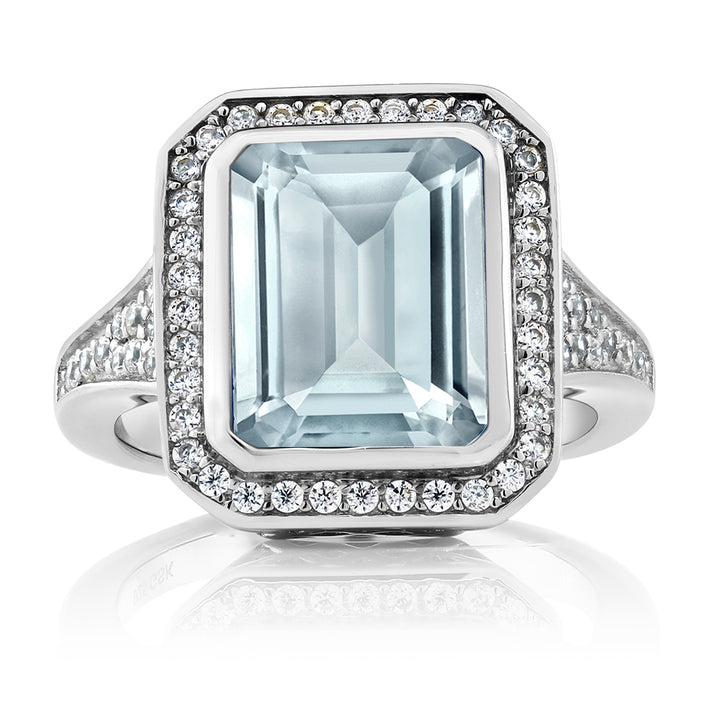 925 Sterling Silver Simulated Aquamarine Ring For Women | 5.00 Cttw | Emerald Cut 11X9MM | Available In Size 5, 6, 7, 8, 9