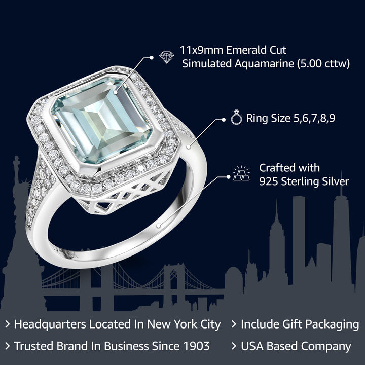 925 Sterling Silver Simulated Aquamarine Ring For Women | 5.00 Cttw | Emerald Cut 11X9MM | Available In Size 5, 6, 7, 8, 9